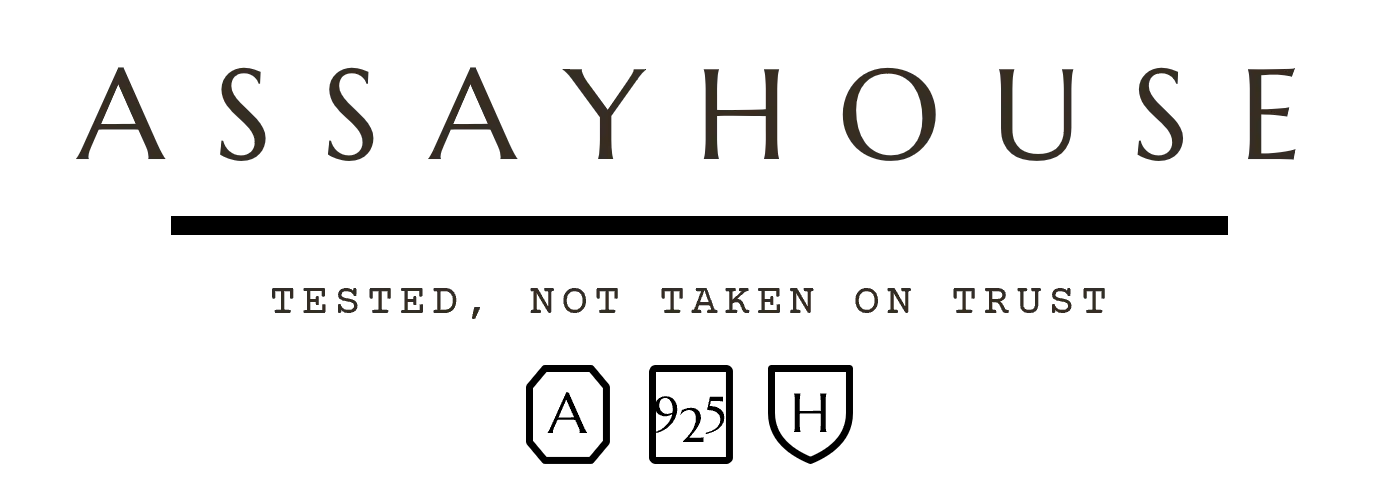The Assayhouse brand mark: the wordmark, underlined, over the line 'Tested, not taken on trust,' above the three hallmarks — A, 925, H